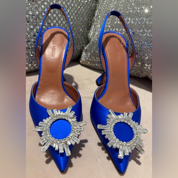 Amina Muaddi Begum Blue Heels with Crystal Embellishments - Picture 2 of 7